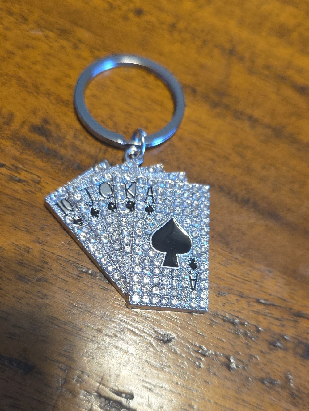 Silver Crystal Poker Card Keychain with Black Spade